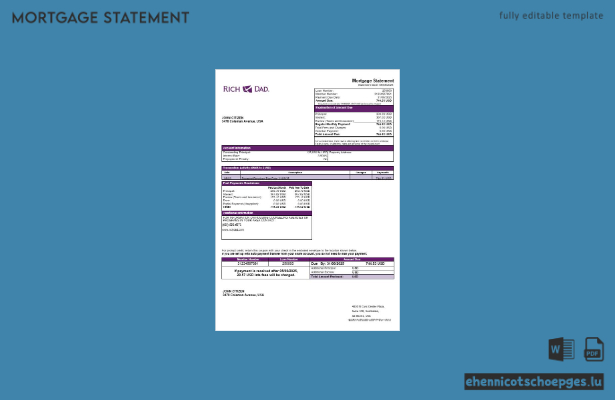 USA Rich Dad Bankhypothekenauszug in Word- und PDF-Formaten – Beispielvorschau